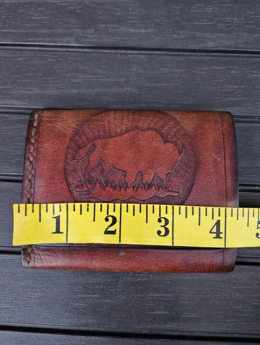 Vintage Mens Leather Trifold Wallet Tooled Bison Buffalo Western Cowboy Rustic